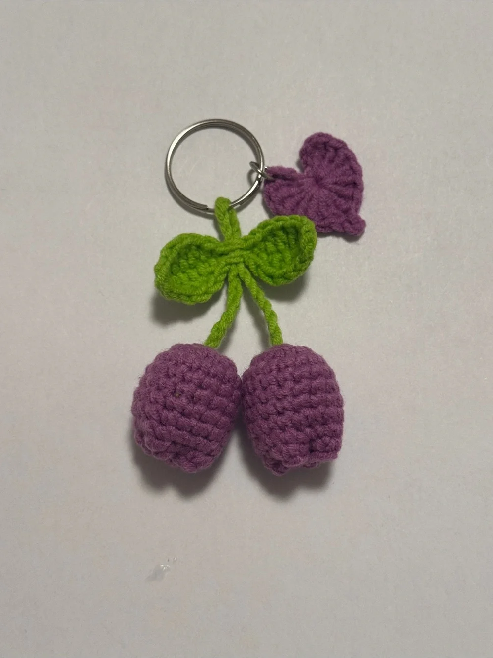 Handmade Crochet Cherry Keychain in Purple and Lime Green